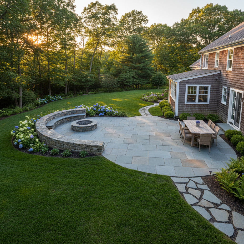 Bluestone patio installation showing base preparation and stone layout in Massachusetts