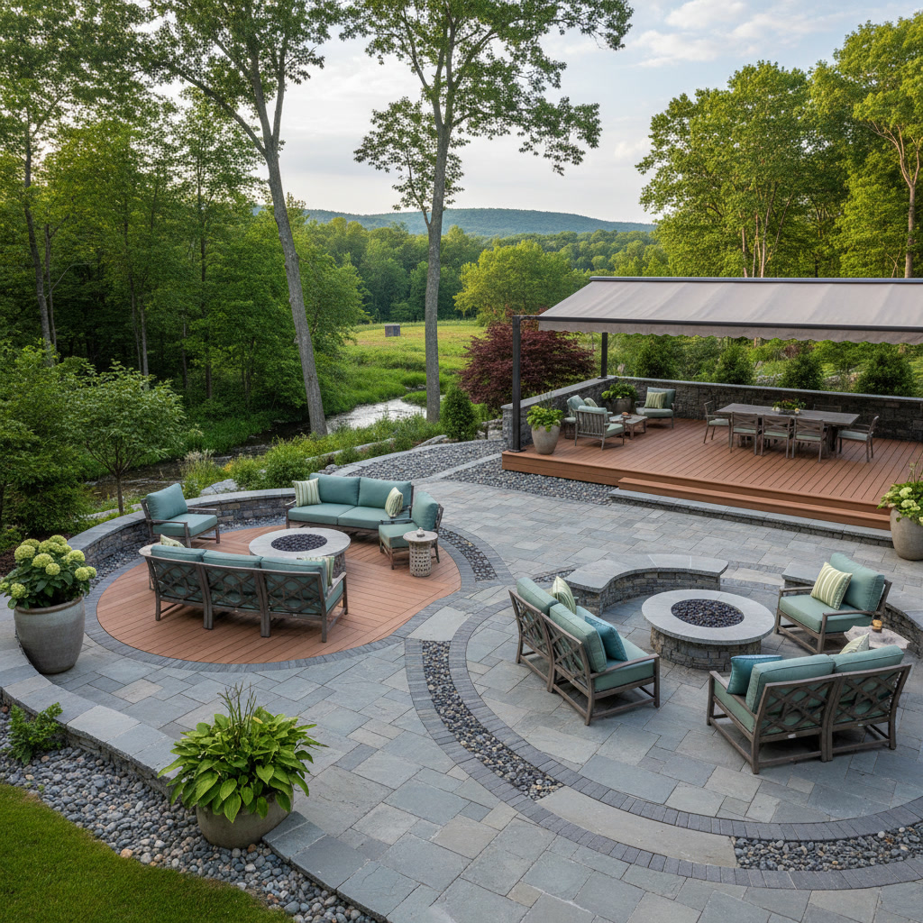 Granite paver patio with polymeric sand joints resistant to New England freeze-thaw