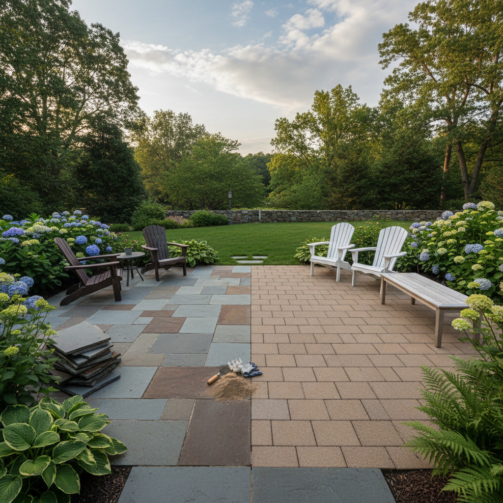 Finished bluestone patio with furniture showcasing completed Massachusetts installation