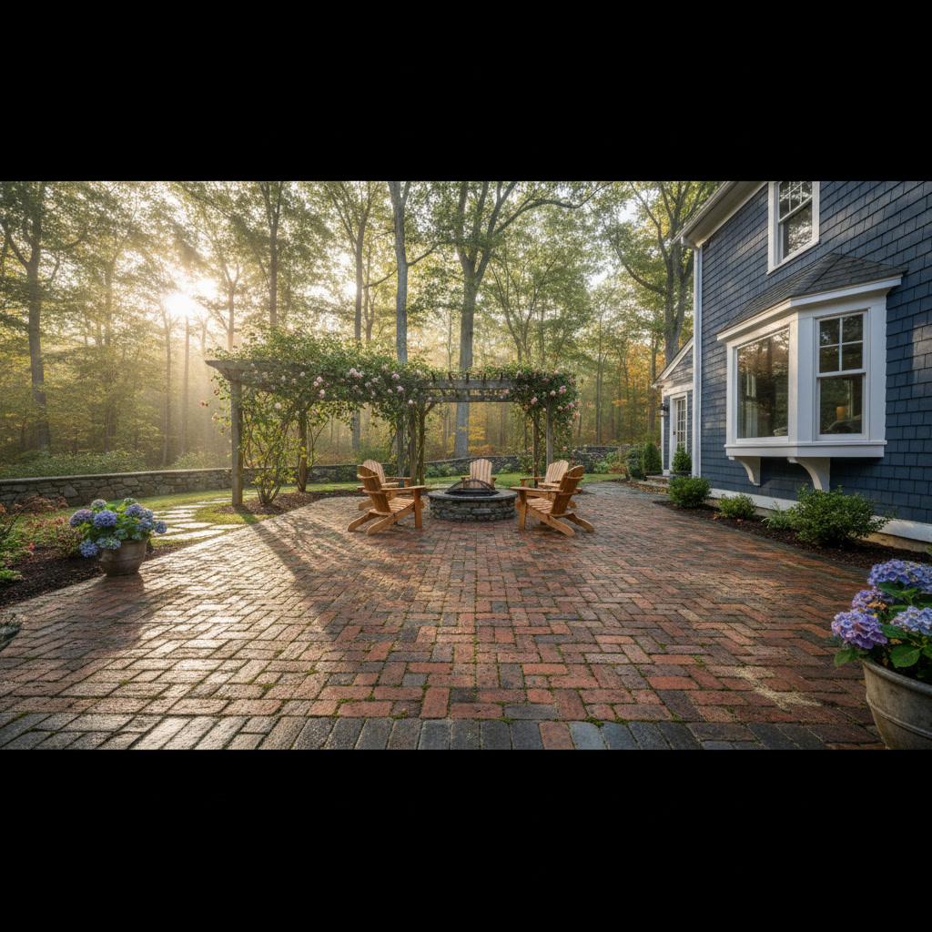 Multiple patio materials comparison showing bluestone granite and concrete options for New England