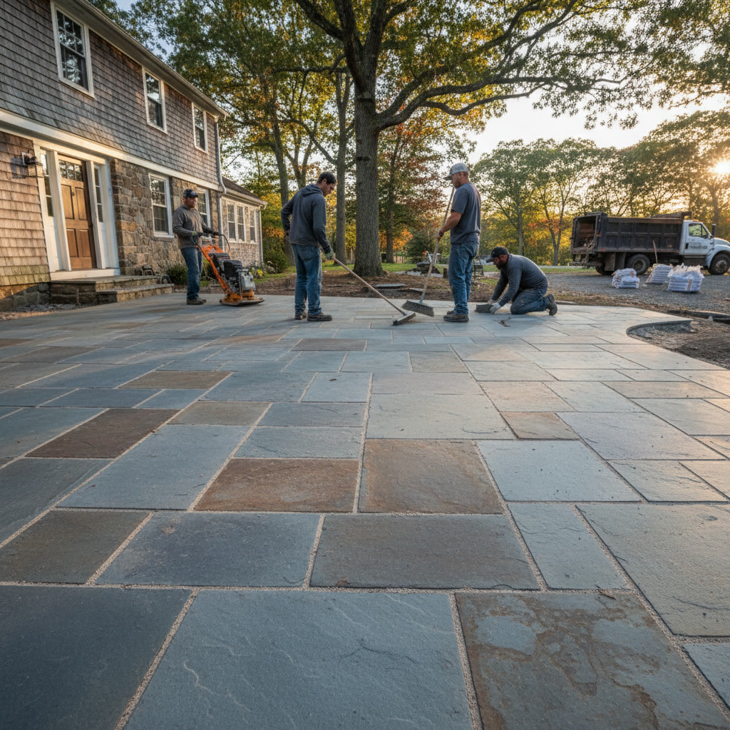 Beautiful bluestone patio in Massachusetts backyard with outdoor seating