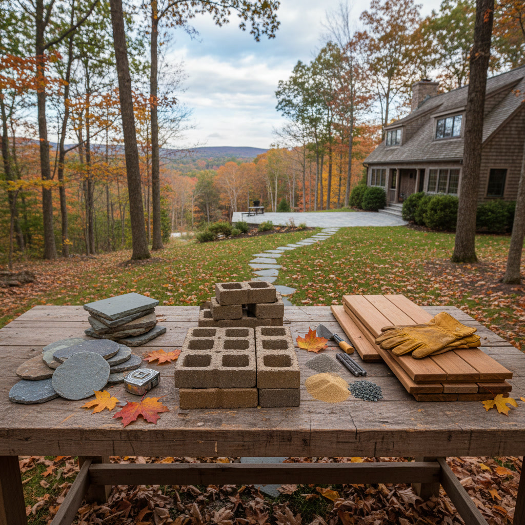 Beautiful natural stone patio in New England backyard designed to withstand harsh winter weather