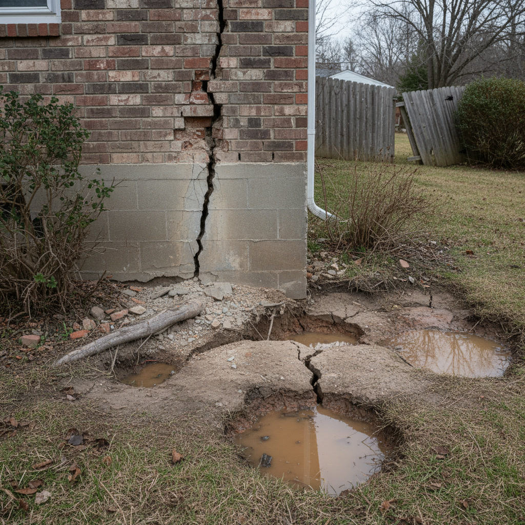 Yard showing signs of landscape decline with overgrown plants and damaged hardscaping