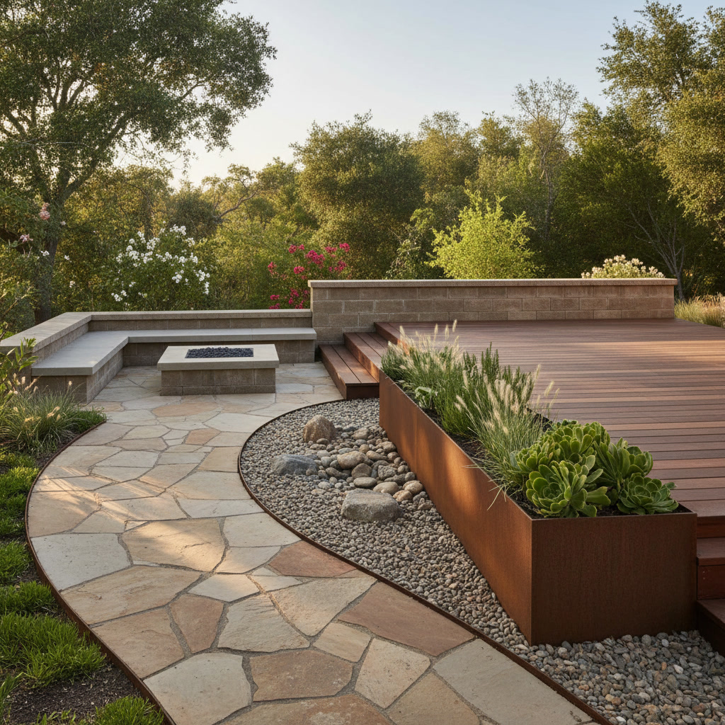 Cohesive hardscape design with multiple stone materials in unified color palette