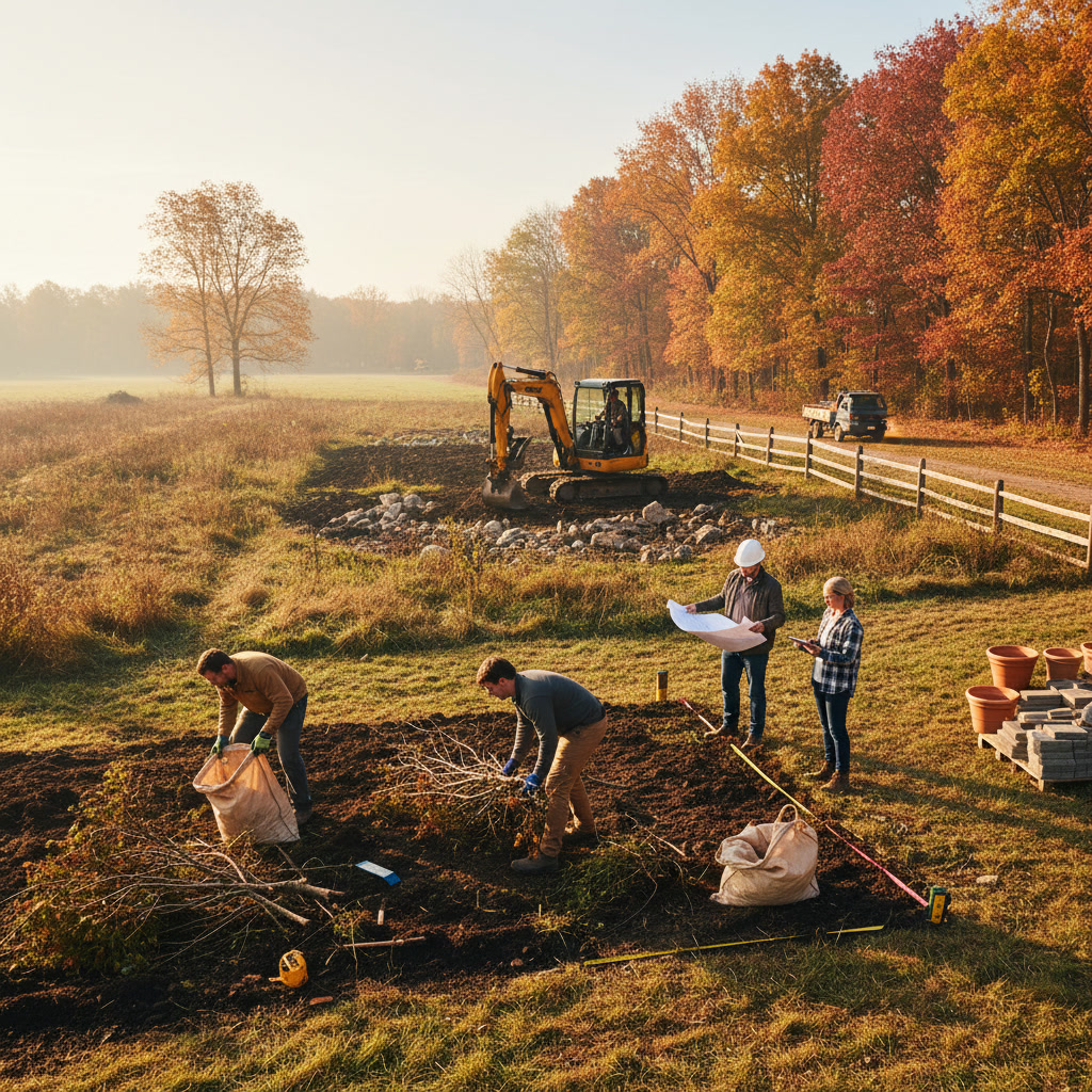 Fall landscape site preparation with cleared beds and amended soil ready for planting