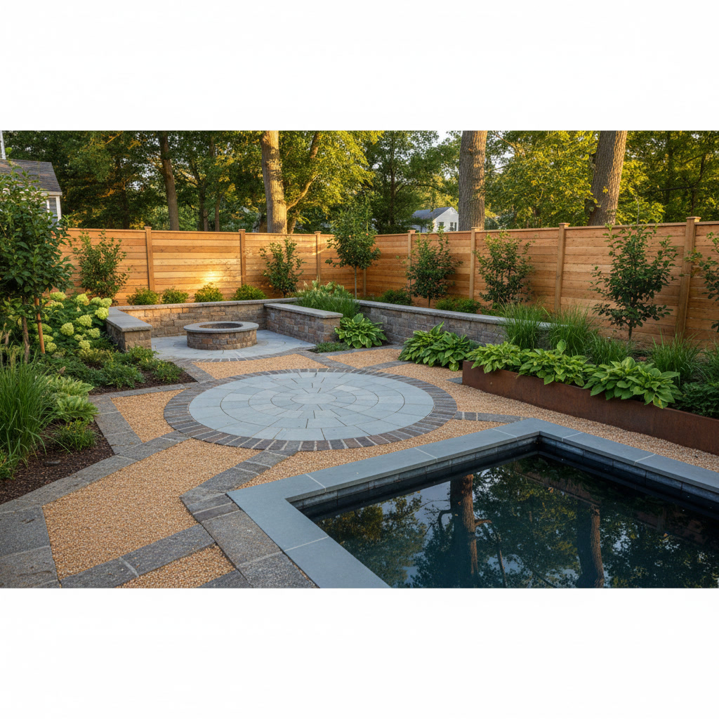 Multi-functional patio and walkway design in compact backyard space