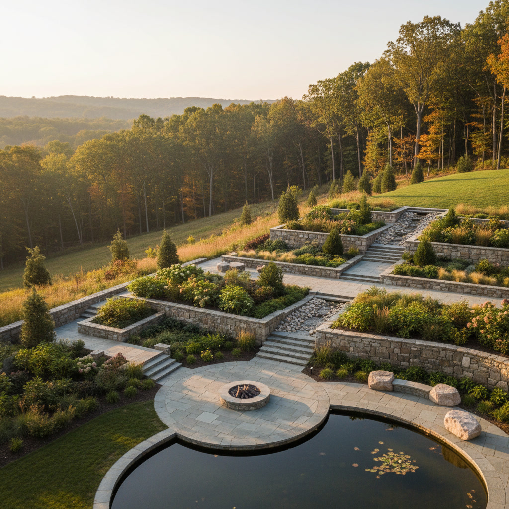 Multi-level hardscape design with retaining walls and integrated plantings