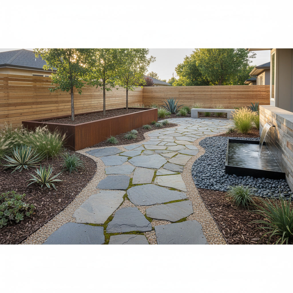 Natural stone patio and retaining wall hardscape features requiring minimal maintenance