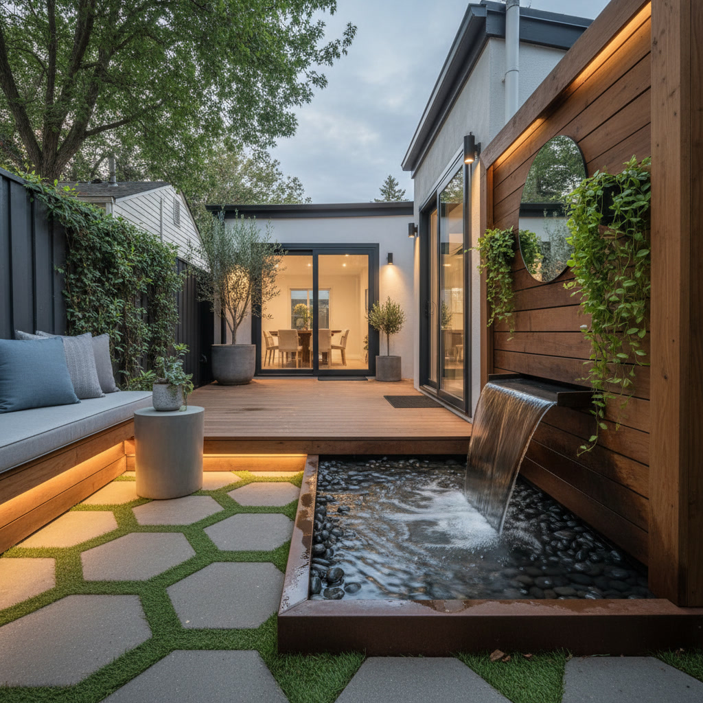 Vertical garden and compact hardscape features in small backyard design