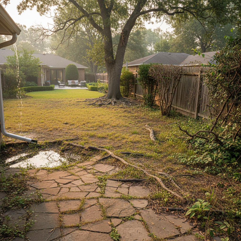 Renovated yard featuring new hardscaping, drainage solutions, and mature plantings