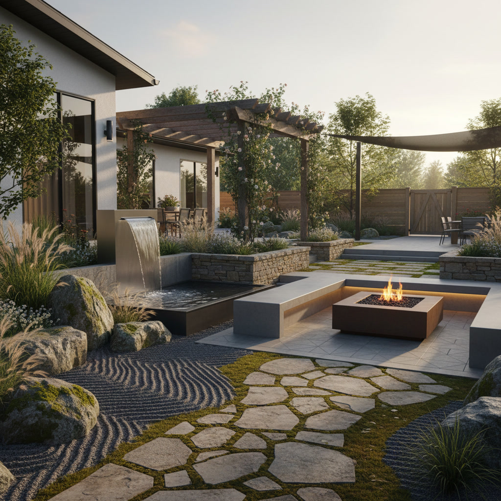 Integrated hardscape and landscape design with patios, plantings, and natural stone