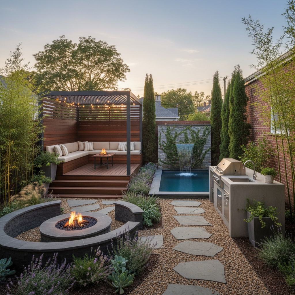 Beautifully designed small backyard with patio, vertical gardens, and multi-functional outdoor living space