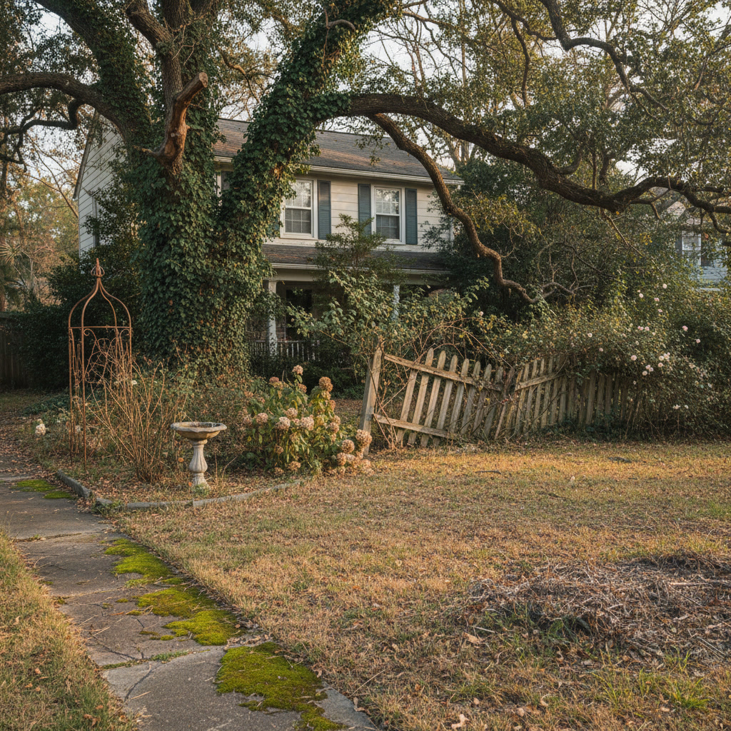 Well-designed residential landscape featuring professional hardscaping and mature plantings