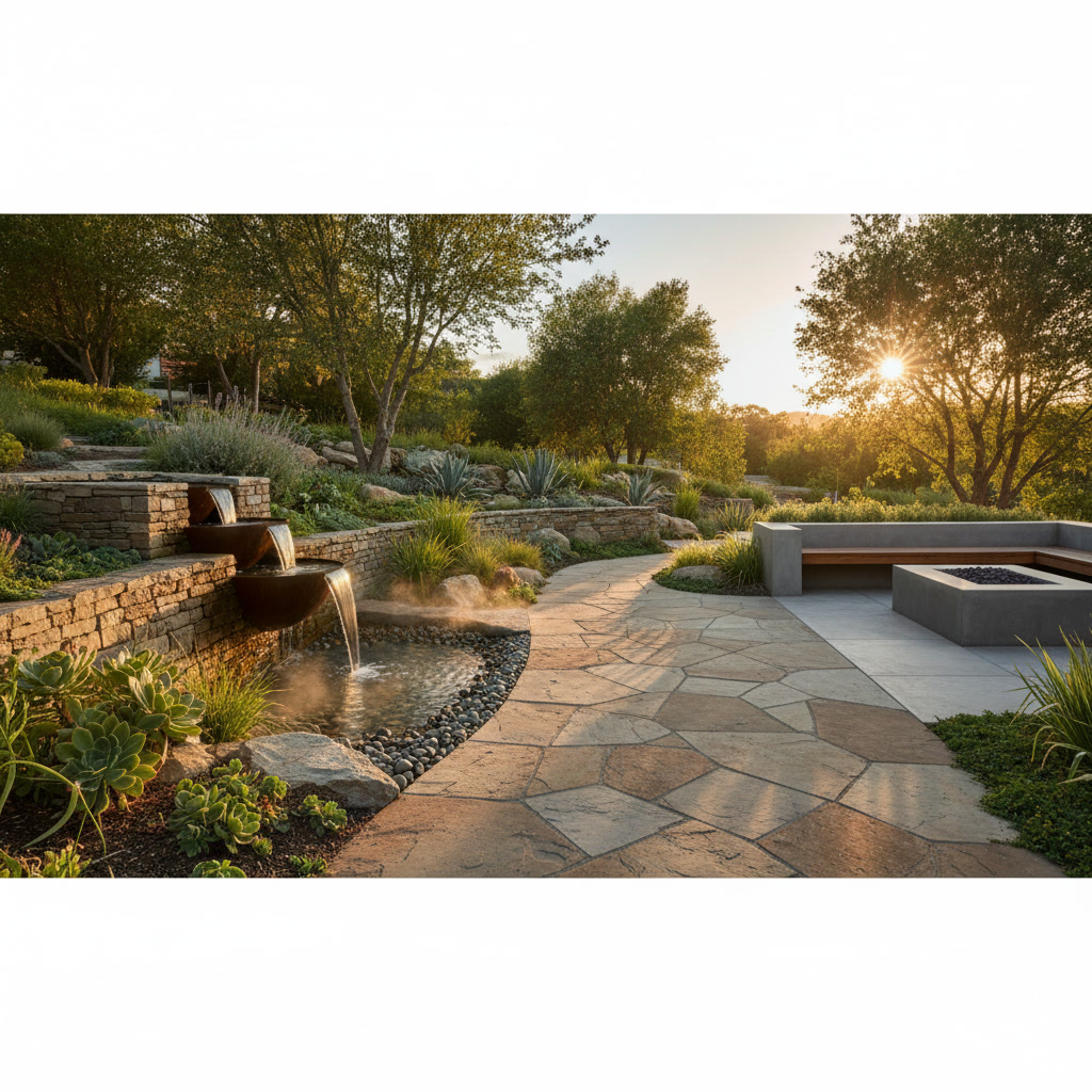 Professional hardscape landscape design featuring integrated patios, walkways, and plantings
