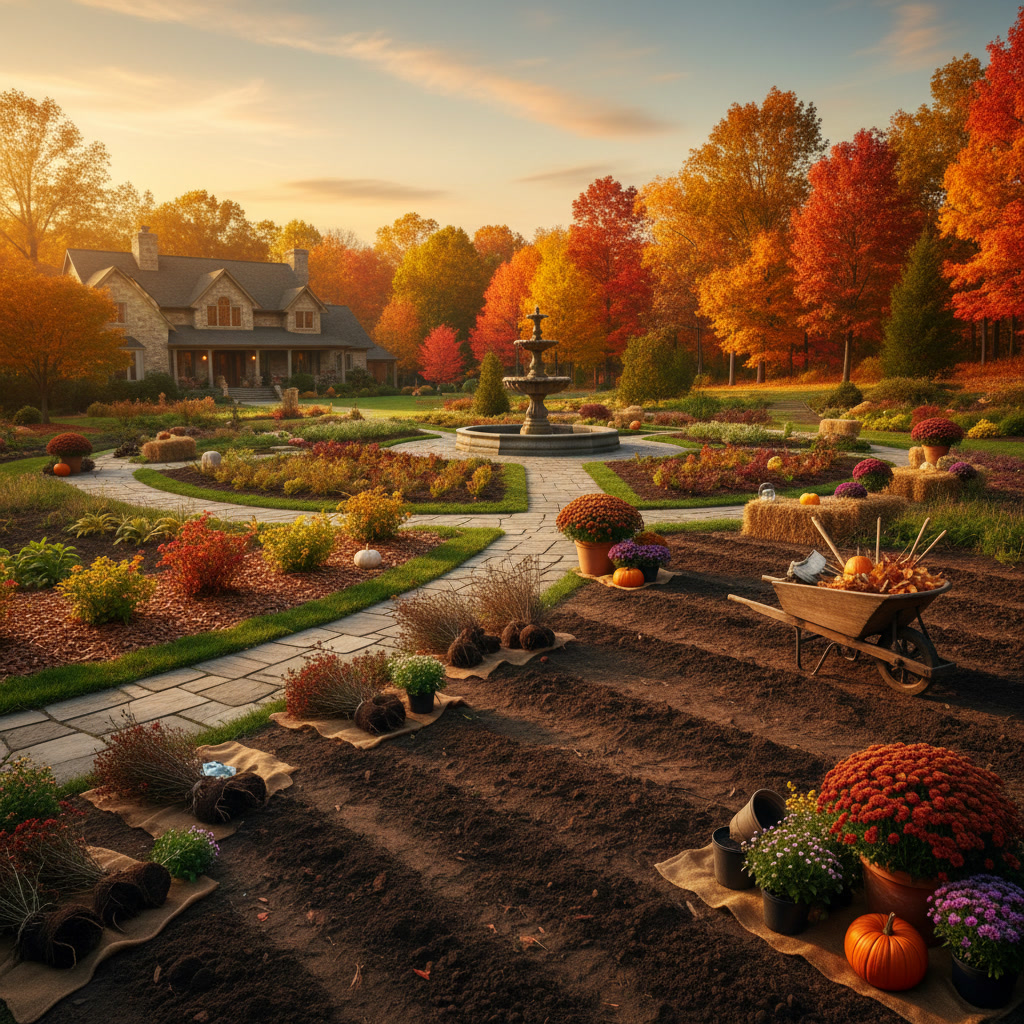 Professional fall landscape design with newly planted trees and prepared garden beds