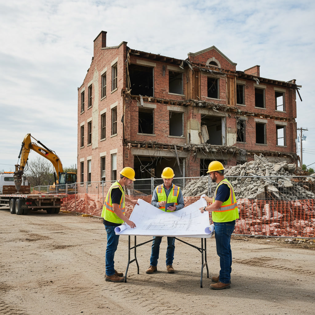 Excavator removing old concrete foundation during demolition site clearing