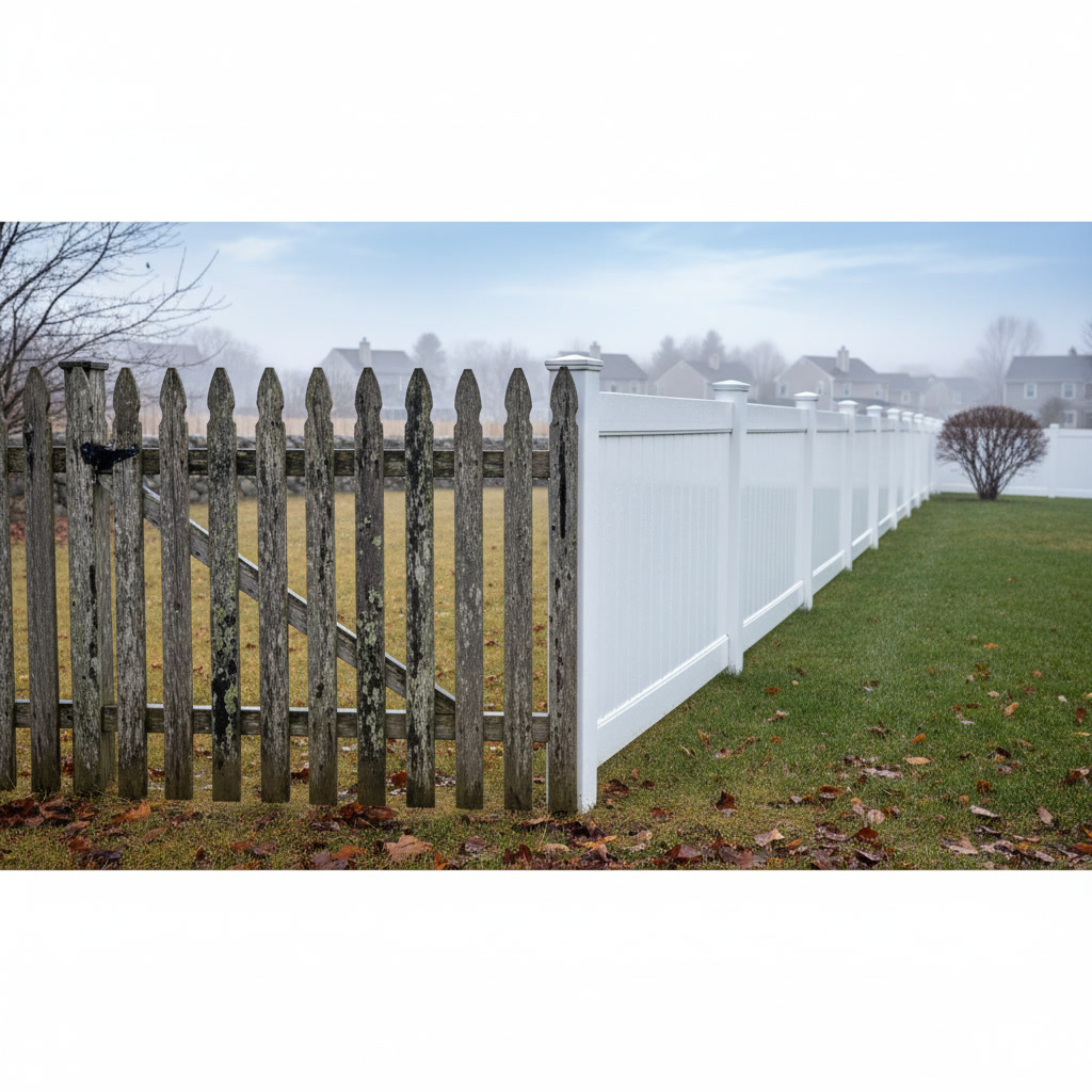 Wood and vinyl fence comparison showing material differences in residential yard