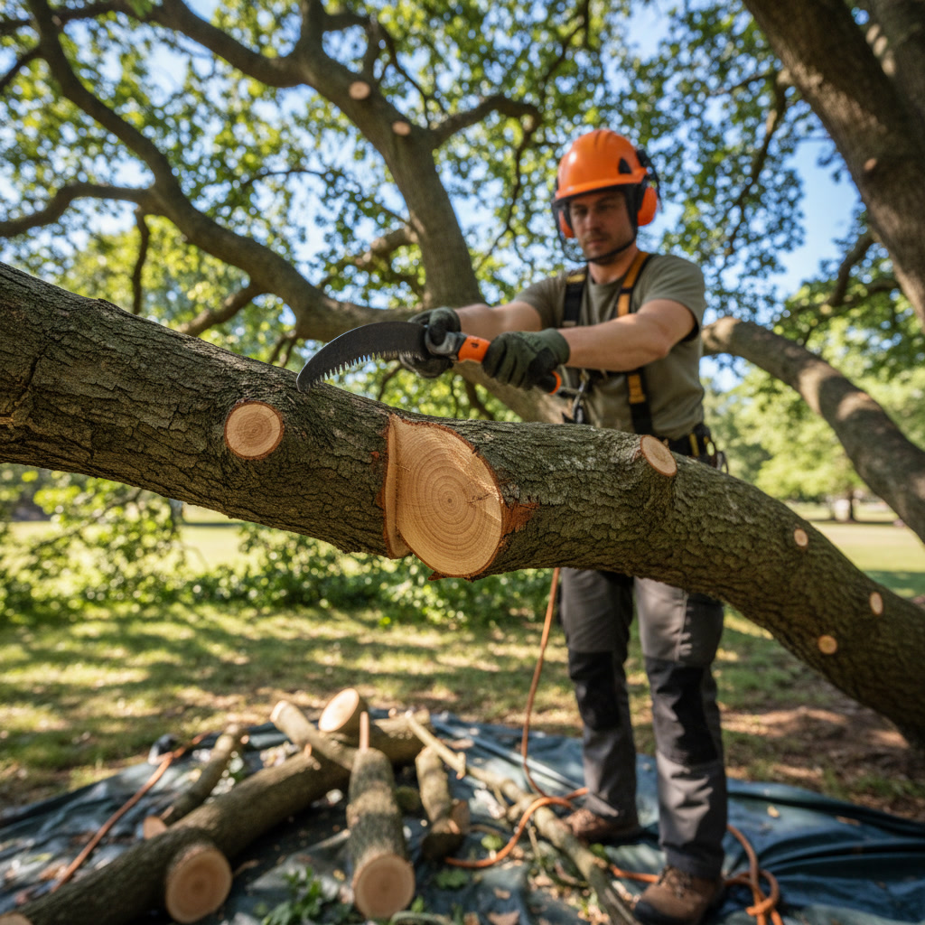 Professional arborist performing tree pruning with proper technique and safety equipment