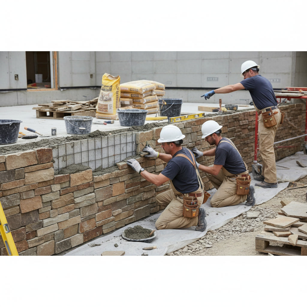 Professional stone veneer installation process on residential foundation