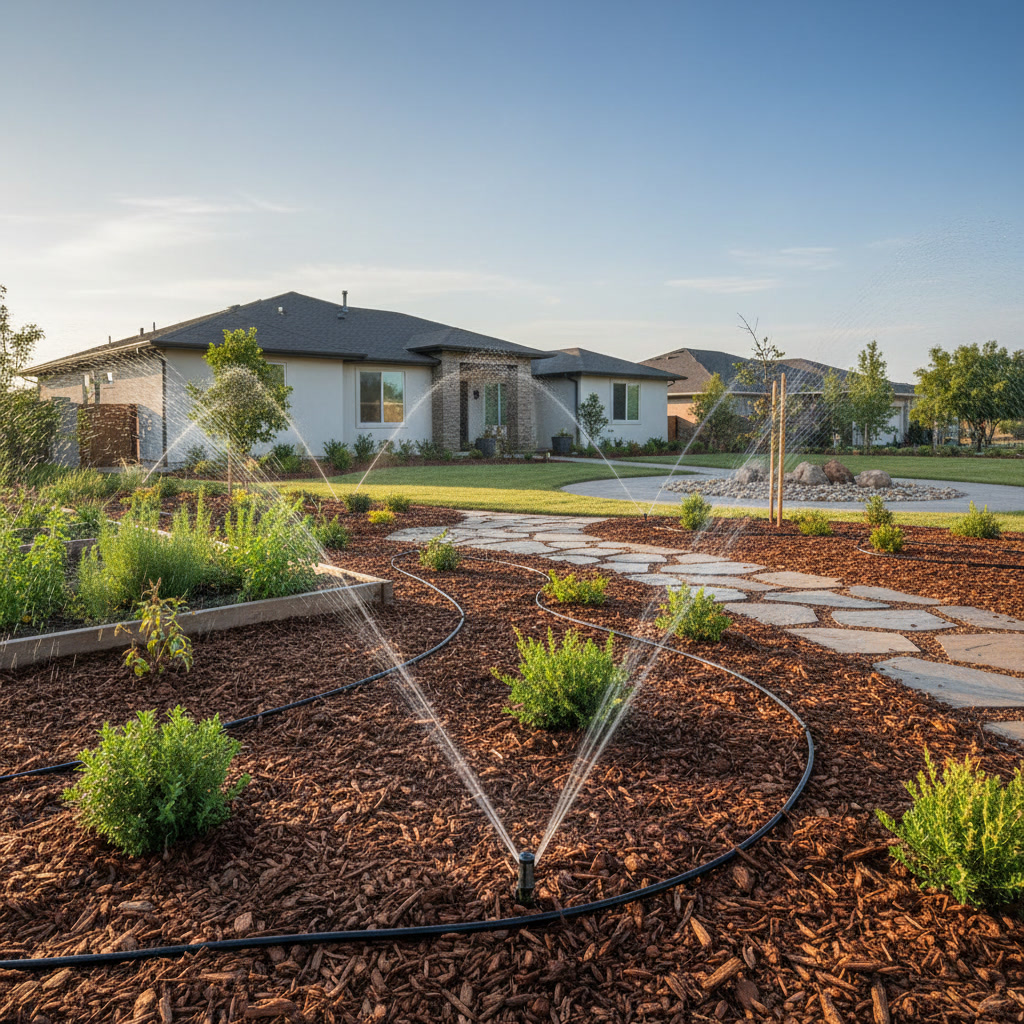 Automated drip irrigation system and fresh mulch installation in low maintenance garden bed