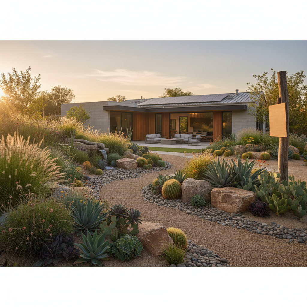 Professional low maintenance landscape design with native plants and stone hardscape features