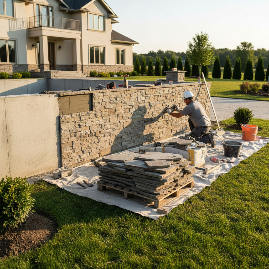 Elegant stone veneer foundation finish on New England home exterior