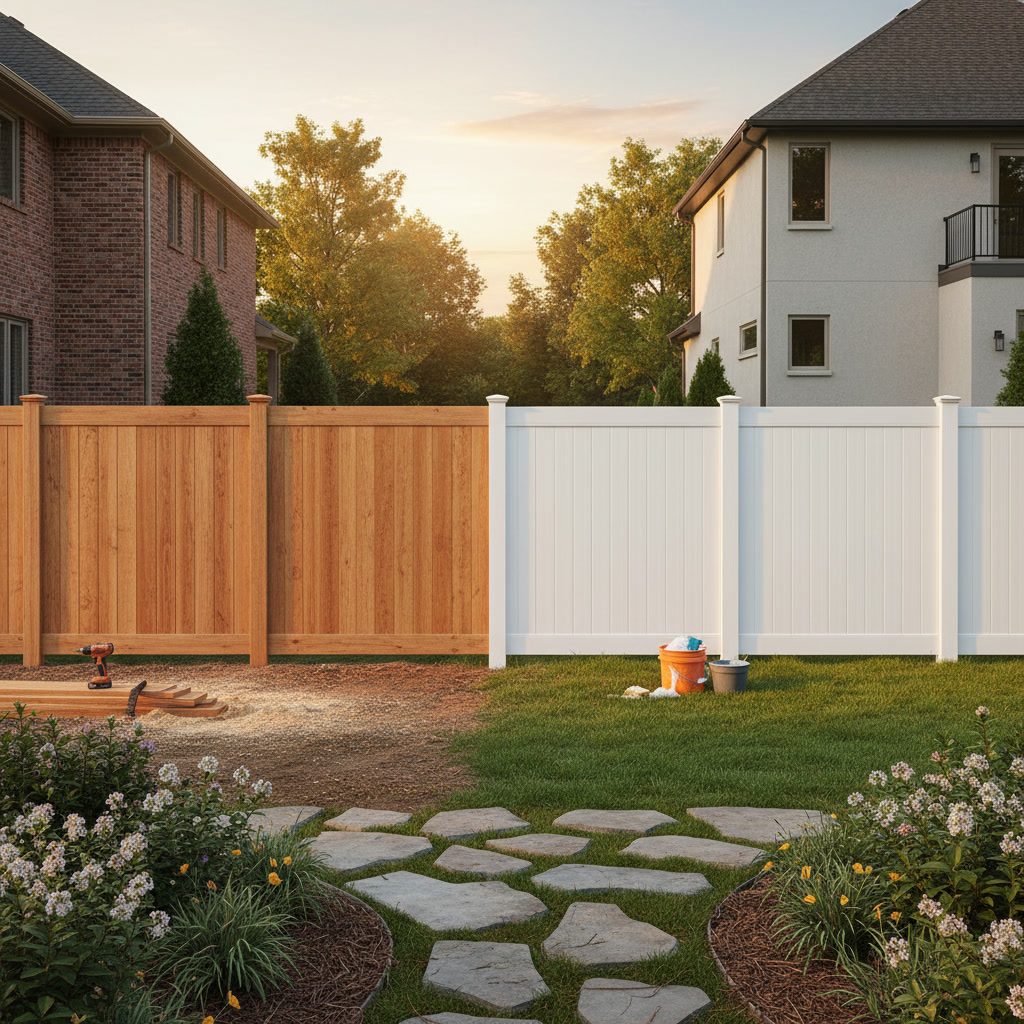 Comparison of wood and vinyl fencing materials in residential yard